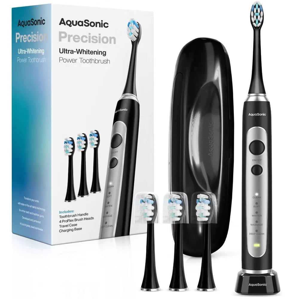 Aquasonic Precision Rechargeable Electric Toothbrush with 4 Brush Heads and