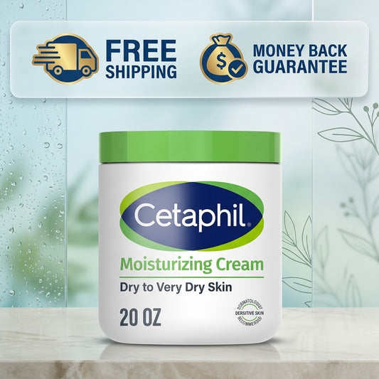A 20 oz jar of Cetaphil Moisturizing Cream on a light marble surface, with a promotional banner above highlighting free shipping and a money back guarantee.