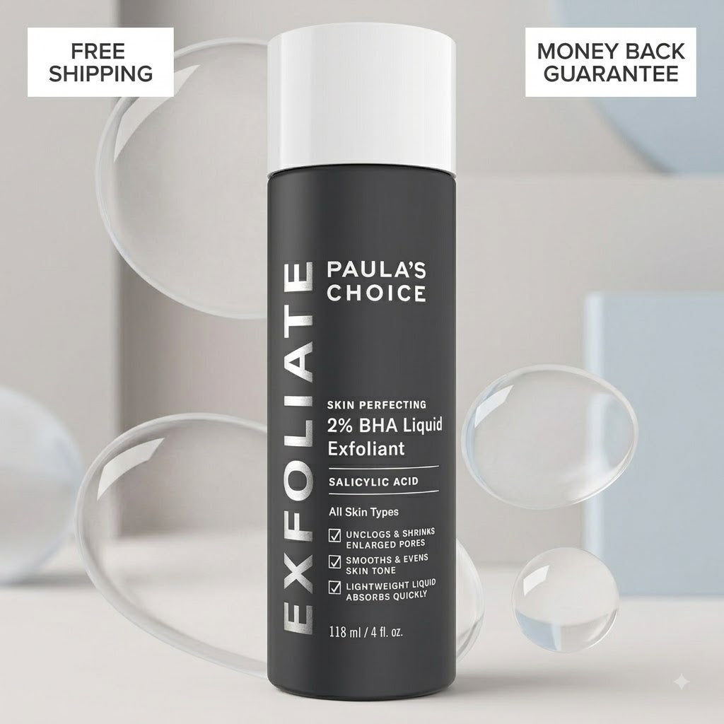 A bottle of Paula's Choice Exfoliate 2% BHA Liquid Exfoliant, shown against a light gray background with floating translucent bubbles and promotional text badges reading 'FREE SHIPPING' and 'MONEY BACK GUARANTEE'.
