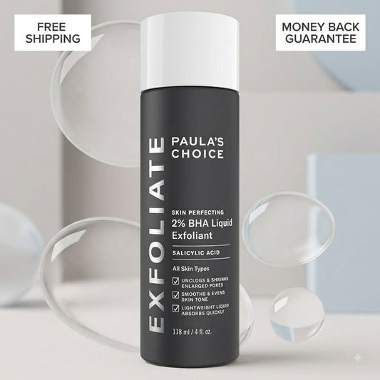 A bottle of Paula's Choice Exfoliate 2% BHA Liquid Exfoliant, shown against a light gray background with floating translucent bubbles and promotional text badges reading 'FREE SHIPPING' and 'MONEY BACK GUARANTEE'.