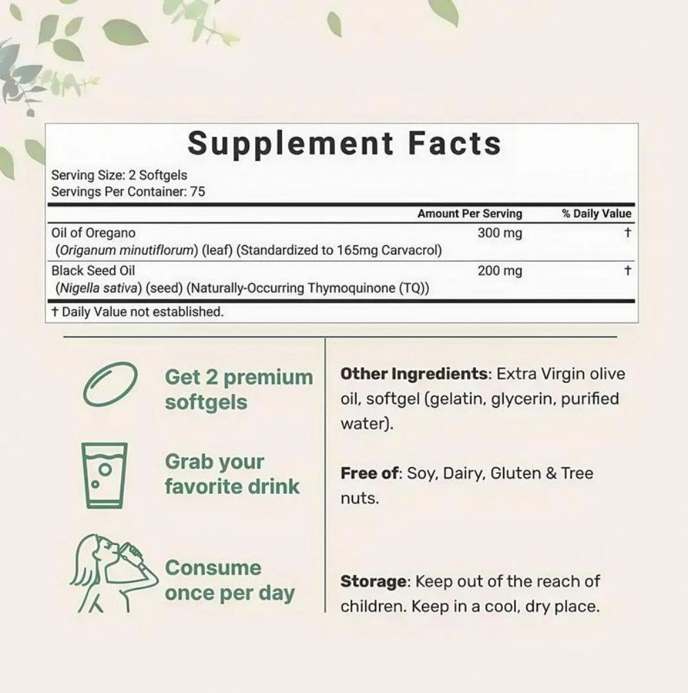 2 in 1 Oil of Oregano Oil 6000mg + Black Seed Oil, 300 Softgels, Immune Support