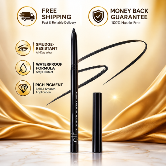 Black eyeliner pencil and cap shown on a gold promotional background with text callouts for free shipping, money back guarantee, smudge-resistant formula, waterproof formula, and rich pigment.