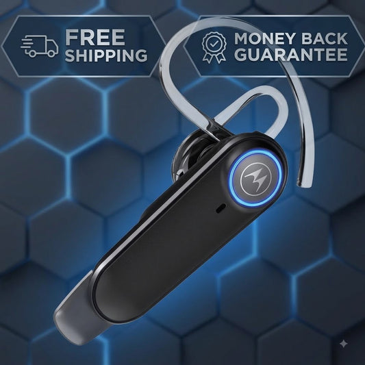 A black wireless earbud with a silver hook and a blue LED ring around the power button, shown against a dark blue hexagonal background with promotional text overlays for free shipping and a money-back guarantee.