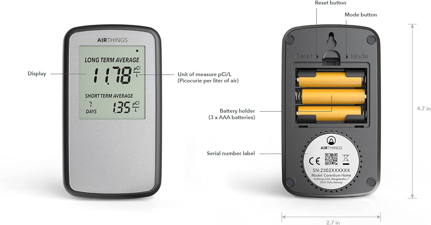 Airthings Corentium Home Digital Radon Gas Detector Battery Powered Indoor Monitor