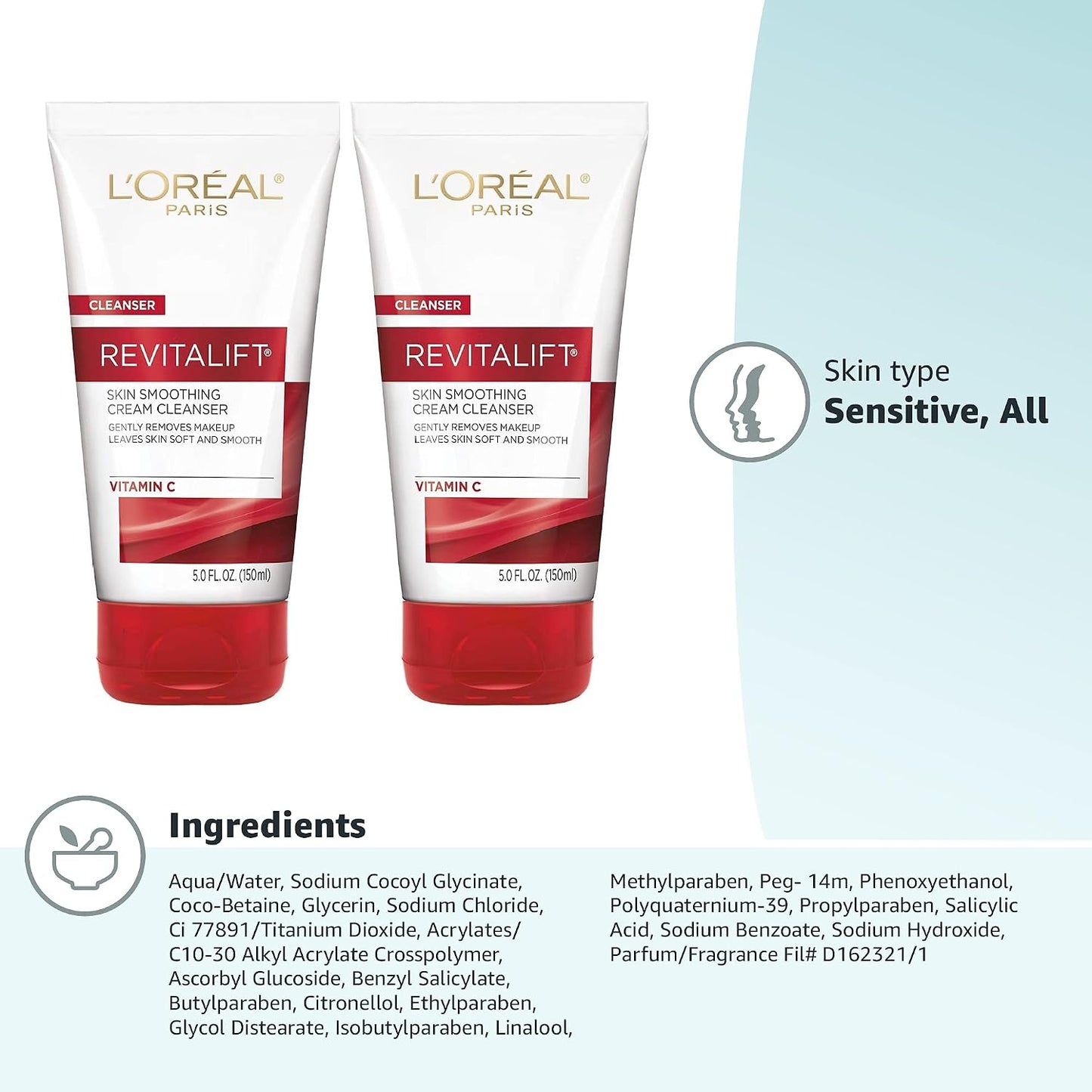 2 Pack L'Oreal Paris RevitaLift Smoothing Facial Cream Cleanser, 5 fl oz