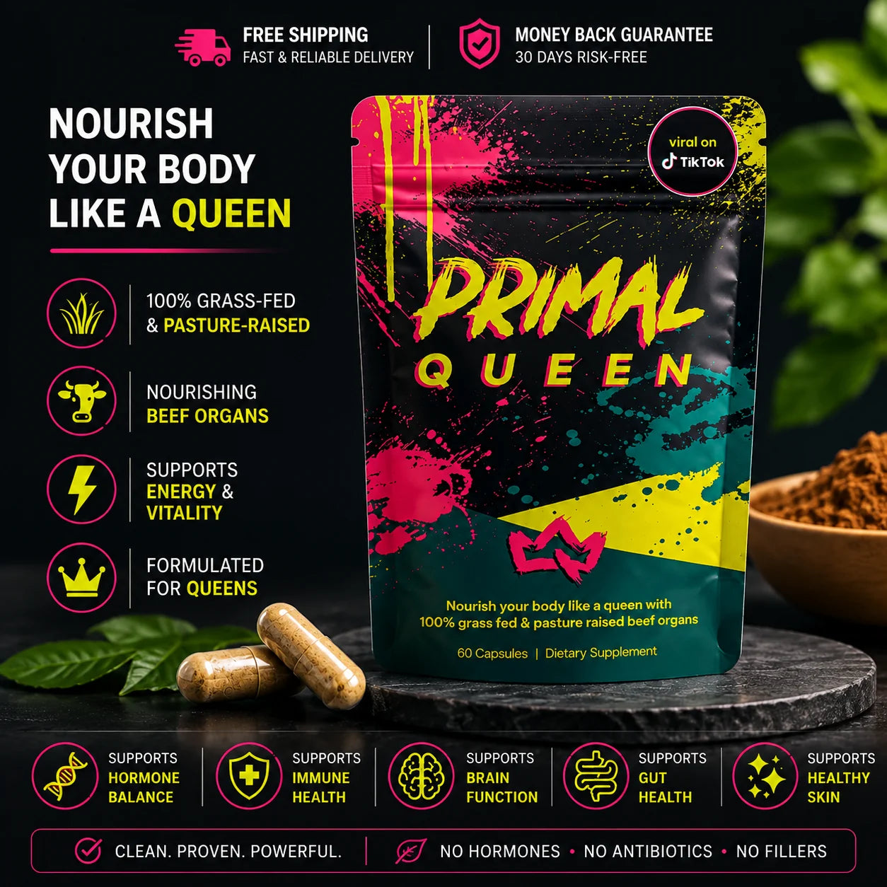 A stand-up pouch of Primal Queen beef organ supplement capsules on a dark promotional background with text callouts, leaves, and a bowl of food props.
