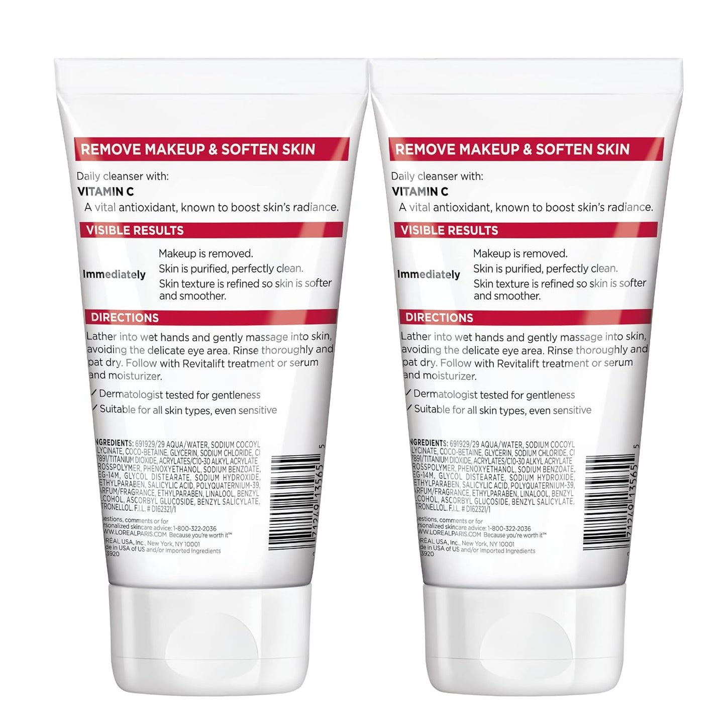 2 Pack L'Oreal Paris RevitaLift Smoothing Facial Cream Cleanser, 5 fl oz
