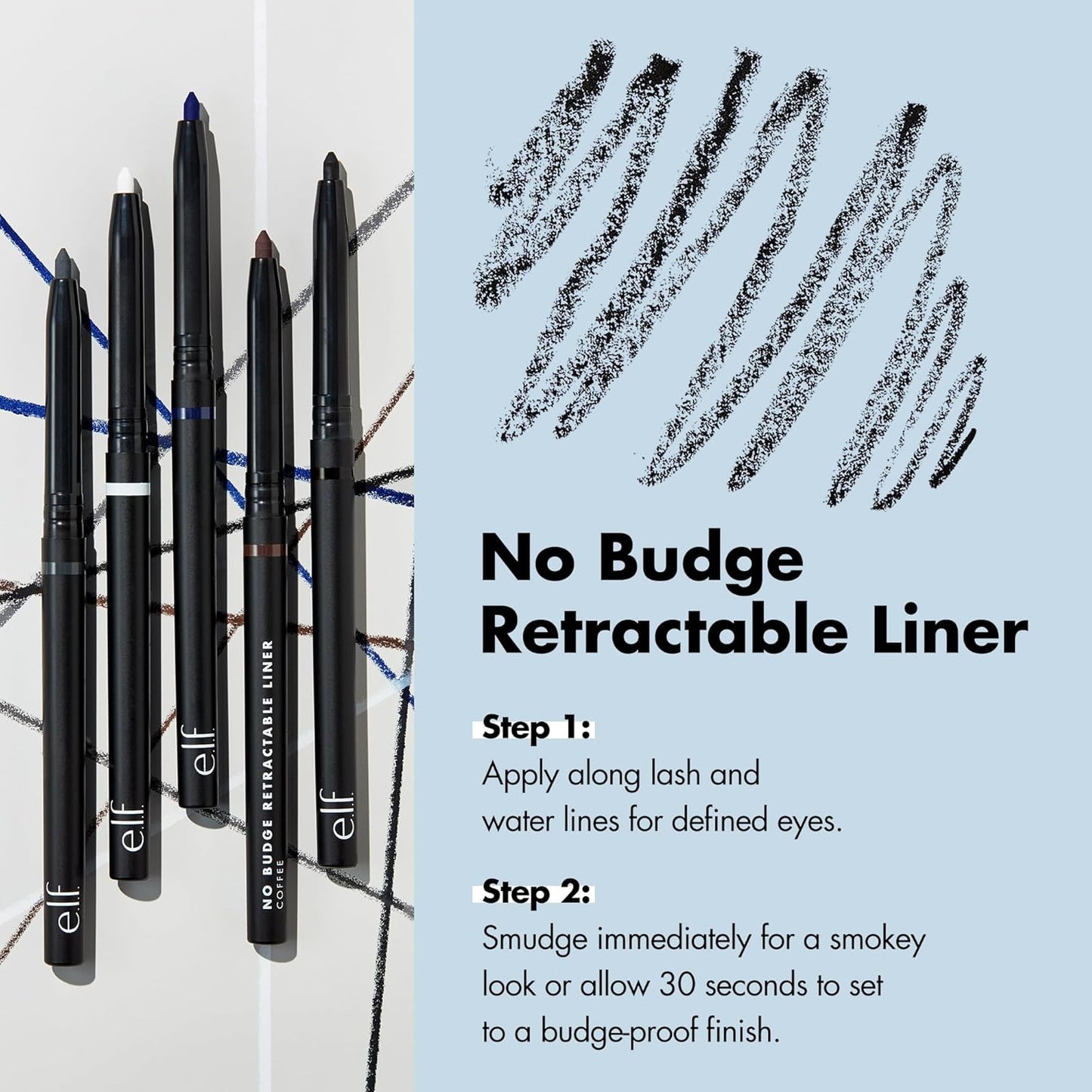e.l.f. No Budge Retractable Eyeliner, Creamy, Ultra-Pigmented & Waterproof, Creates Bold & Defined Lines, Vegan & Cruelty-Free