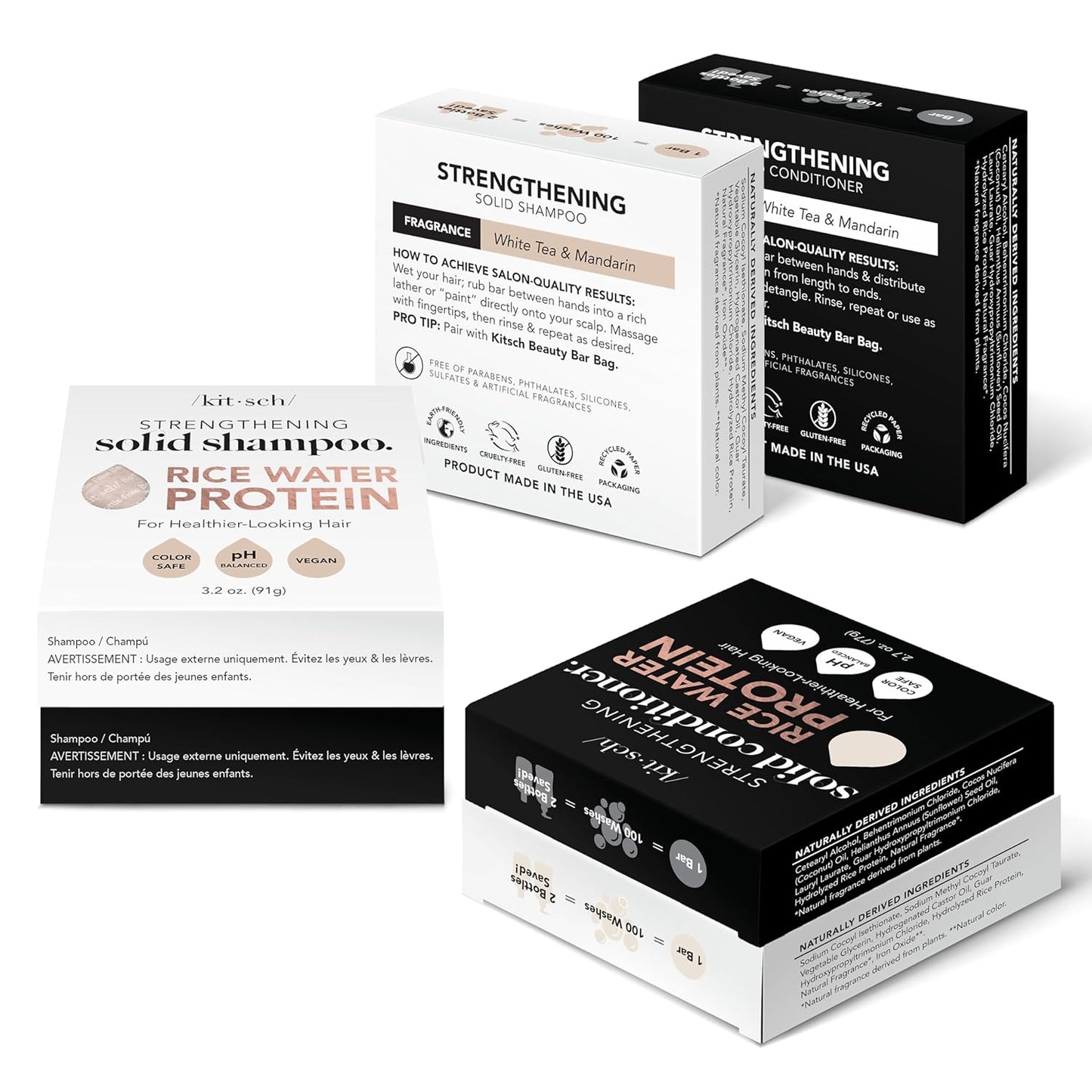 Kitsch Rice Water Shampoo & Conditioner Set - Solid Rice Water Shampoo & Conditioner Bar Soap for Hair Care, Strengthening & Nourishing Soap Bar, Paraben-Free & Sulfate-Free, Made in USA - 2pcs