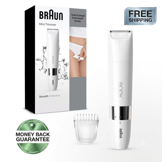 Braun Mini Trimmer smooth shaper shown with its retail box, a clear guard comb attachment, and promotional badges including 'FREE SHIPPING' and 'MONEY BACK GUARANTEE' on a white background.