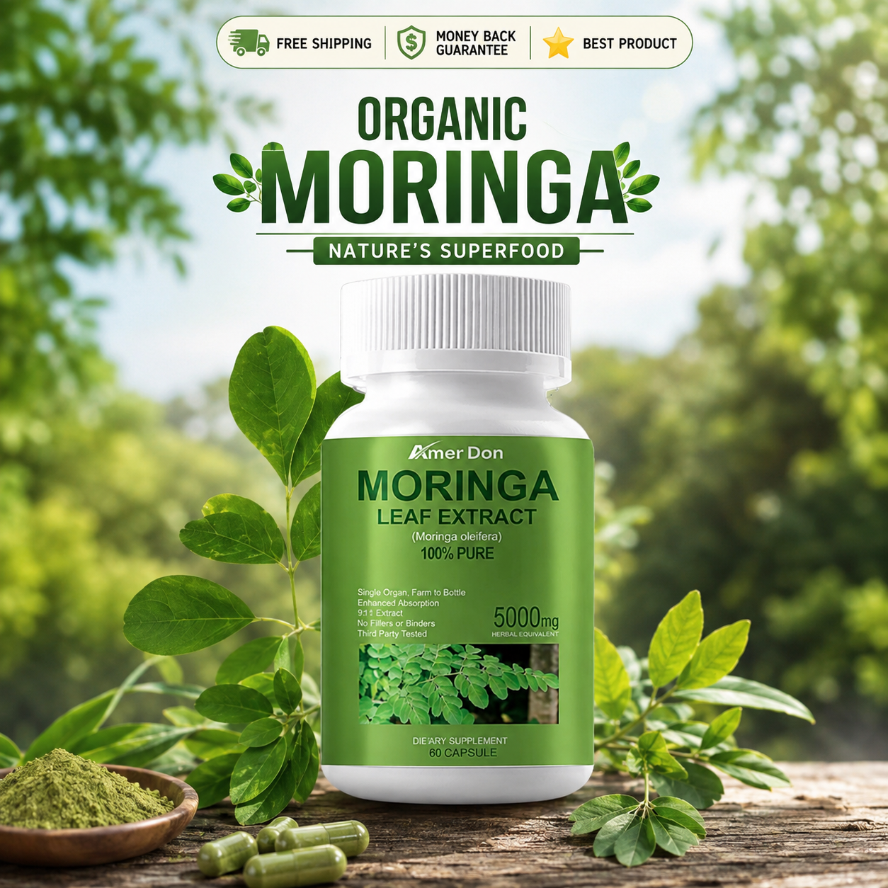 Organic Moringa 5000mg capsules with pure Moringa oleifera leaf powder
