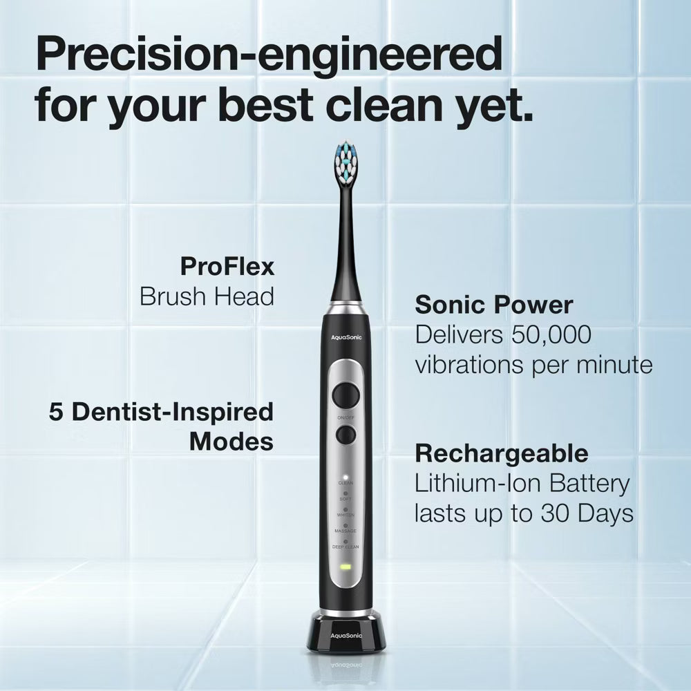 Aquasonic Precision Rechargeable Electric Toothbrush with 4 Brush Heads and