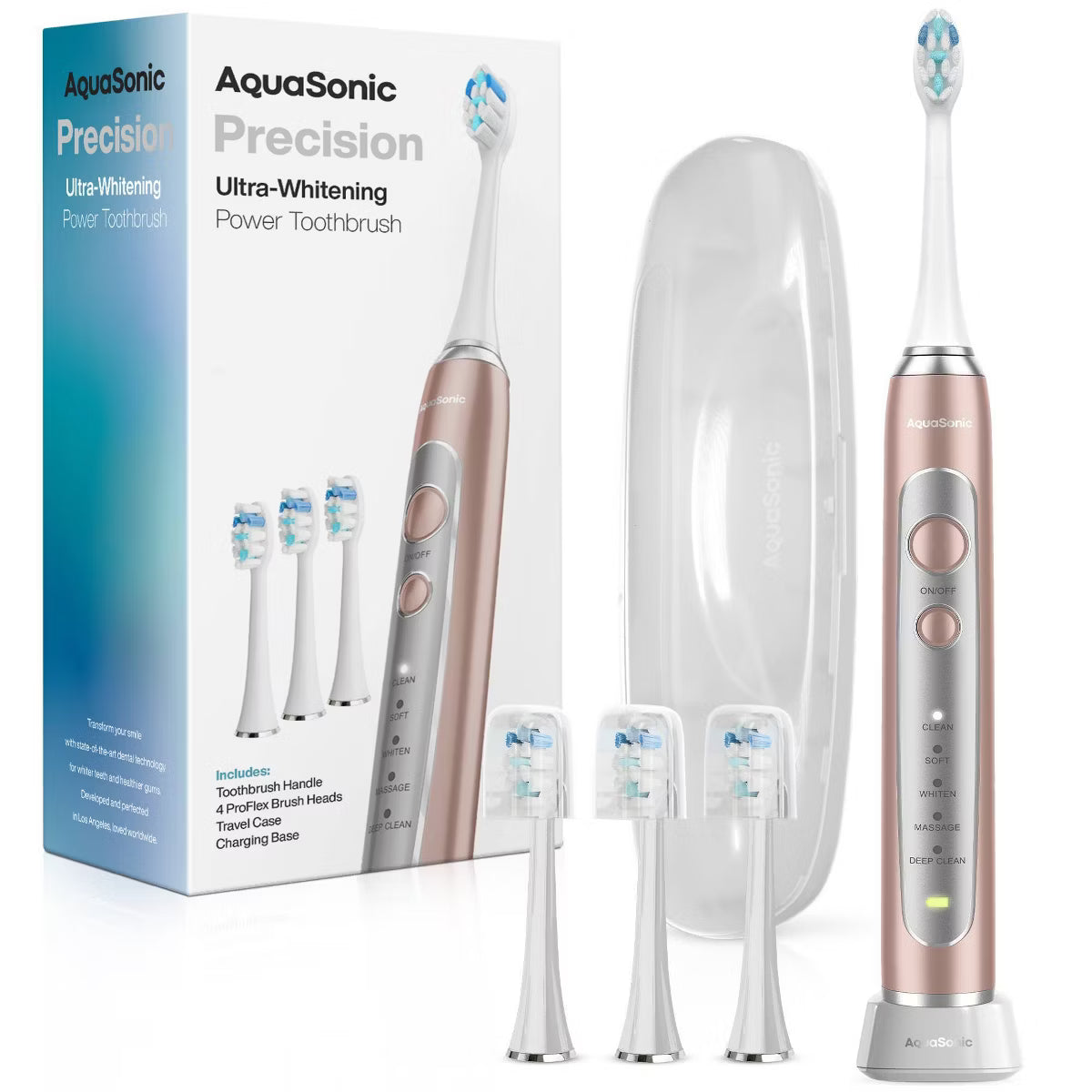 Aquasonic Precision Rechargeable Electric Toothbrush with 4 Brush Heads and