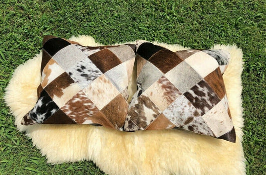 Cowhide Pillows Cushion Covers Leather Real Cow Hide Skin Patchwork 16" x 16" (Set of 2 Covers)