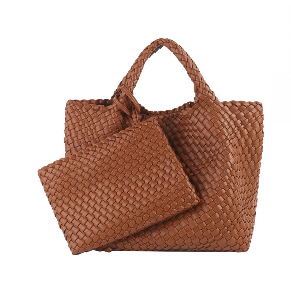 Women PU Leather Knitting Handbag Lady Fashion Classic Tote Female Quality Hand-woven Basket Shoulder Bag Messenger with Purse