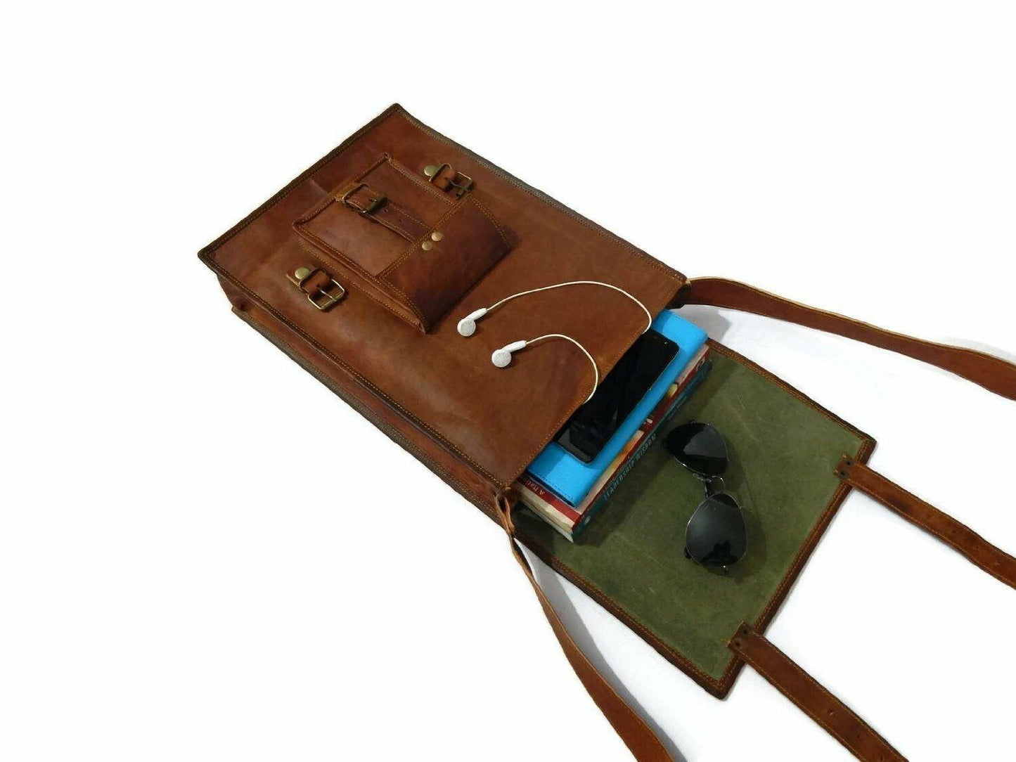 Vintage Vertical Camel-Hide Leather Messenger Briefcase Bag Man Business Laptop