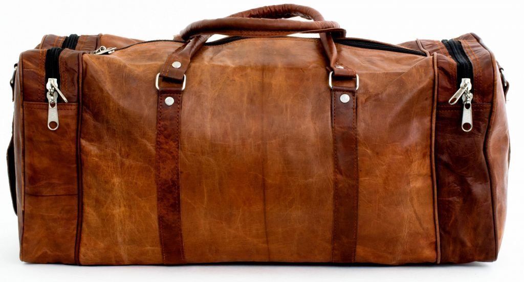 New Men's genuine Brown Leather Retro vintage Large Round duffle travel gym bag