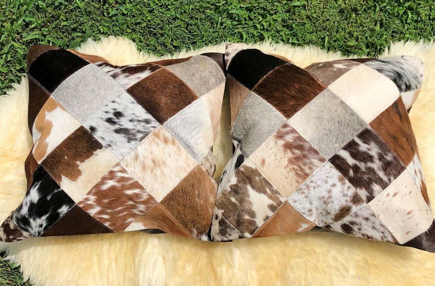 Cowhide Pillows Cushion Covers Leather Real Cow Hide Skin Patchwork 16" x 16" (Set of 2 Covers)