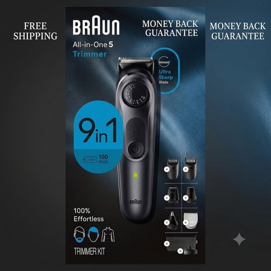 Braun All-in-One 5 Trimmer kit shown on its retail packaging card, featuring the black trimmer and several attachment heads, with promotional text including 'Money Back Guarantee' and 'Free Shipping' on a dark blue background.