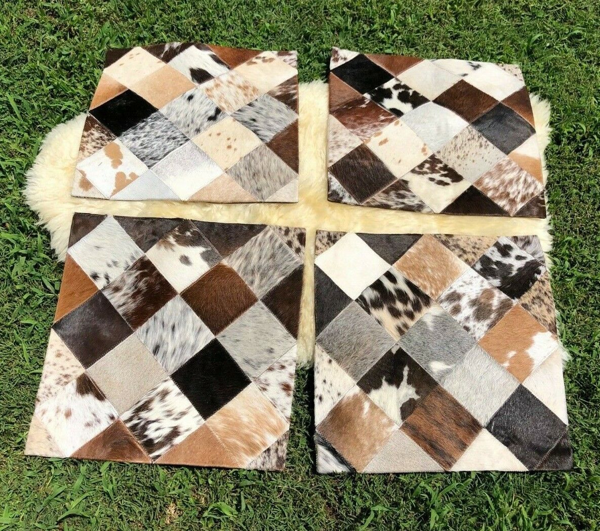 Cowhide Pillows Cushion Covers Leather Real Cow Hide Skin Patchwork 16" x 16" (Set of 2 Covers)