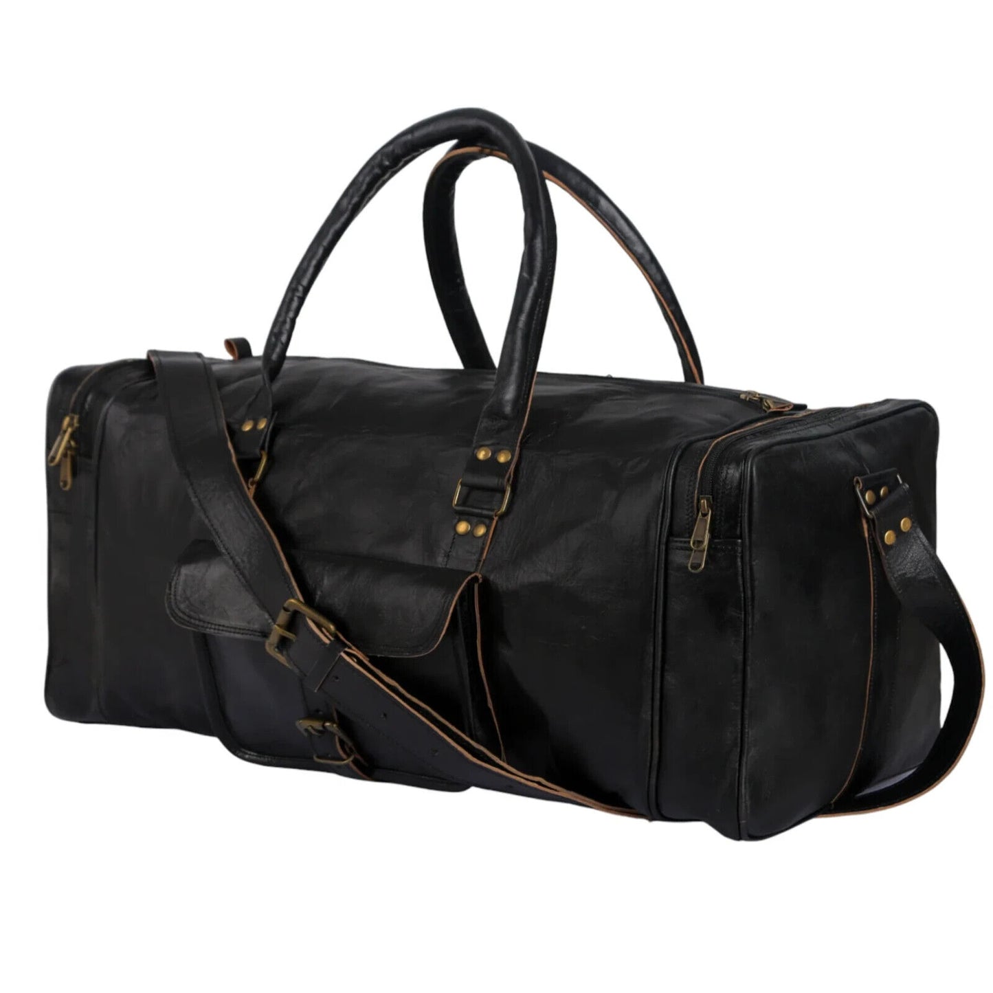 Black Solid Leather Men's Travel Bag Genuine Duffel Luggage Gym Weekend