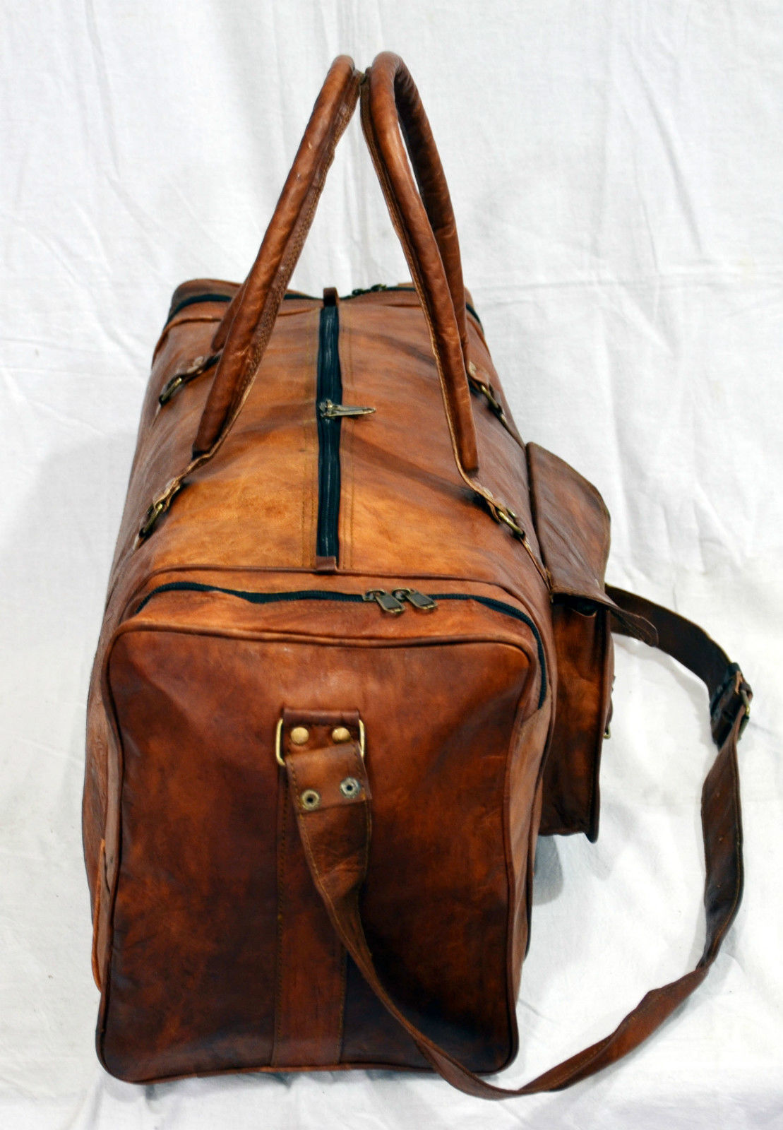 New Men's genuine Brown Leather Retro vintage Large Round duffle travel gym bag