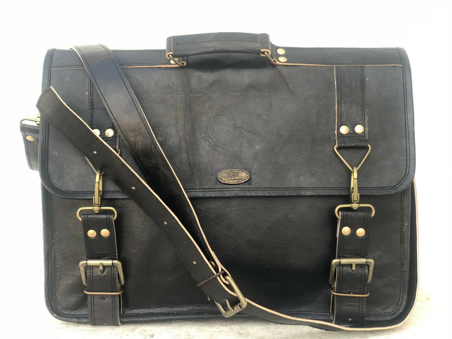 18" Black Leather Messenger Men Shoulder Laptop Satchel Briefcase Vintage Bag