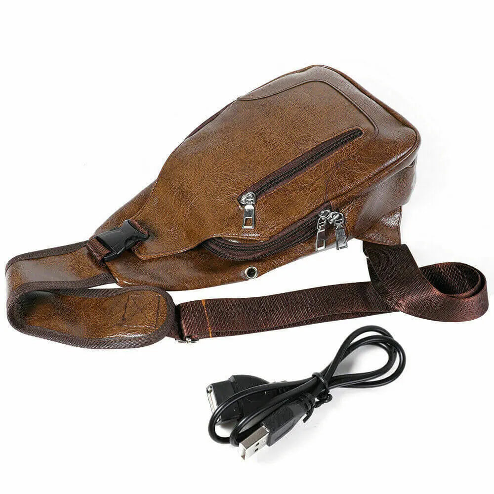 Men Chest Bag PU Leather Sling Fanny Pack Shoulder Backpack w USB Charging Port