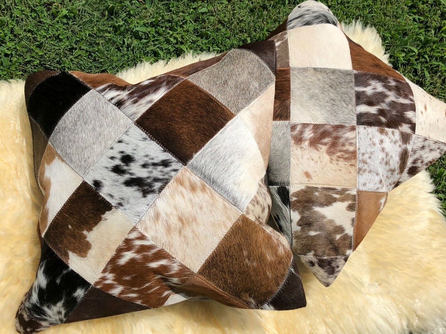 Cowhide Pillows Cushion Covers Leather Real Cow Hide Skin Patchwork 16" x 16" (Set of 2 Covers)