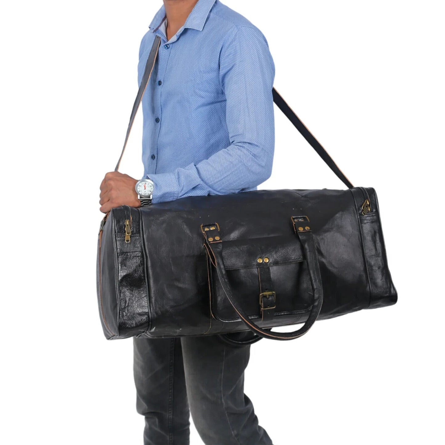 Black Solid Leather Men's Travel Bag Genuine Duffel Luggage Gym Weekend