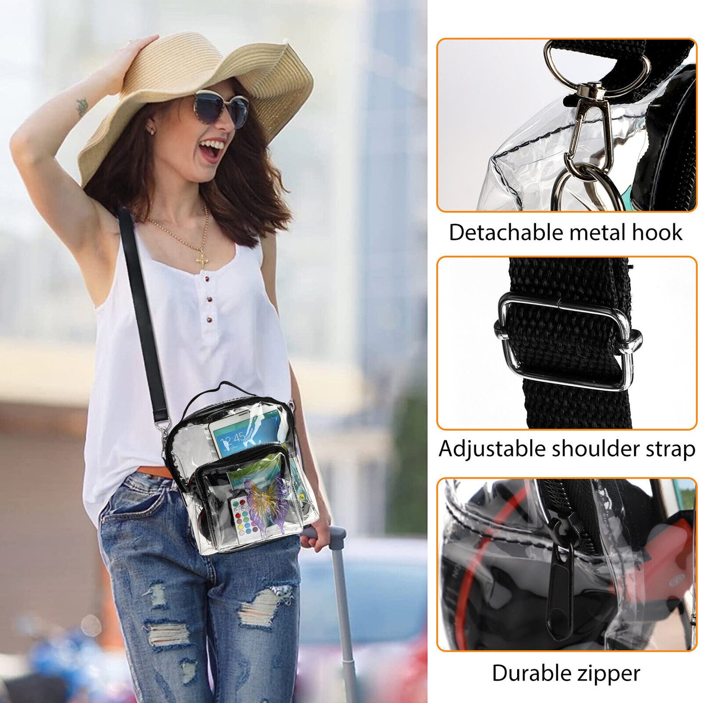 Clear PVC Tote Crossbody Bag Women Transparent Purse Stadium Shoulder Handbag